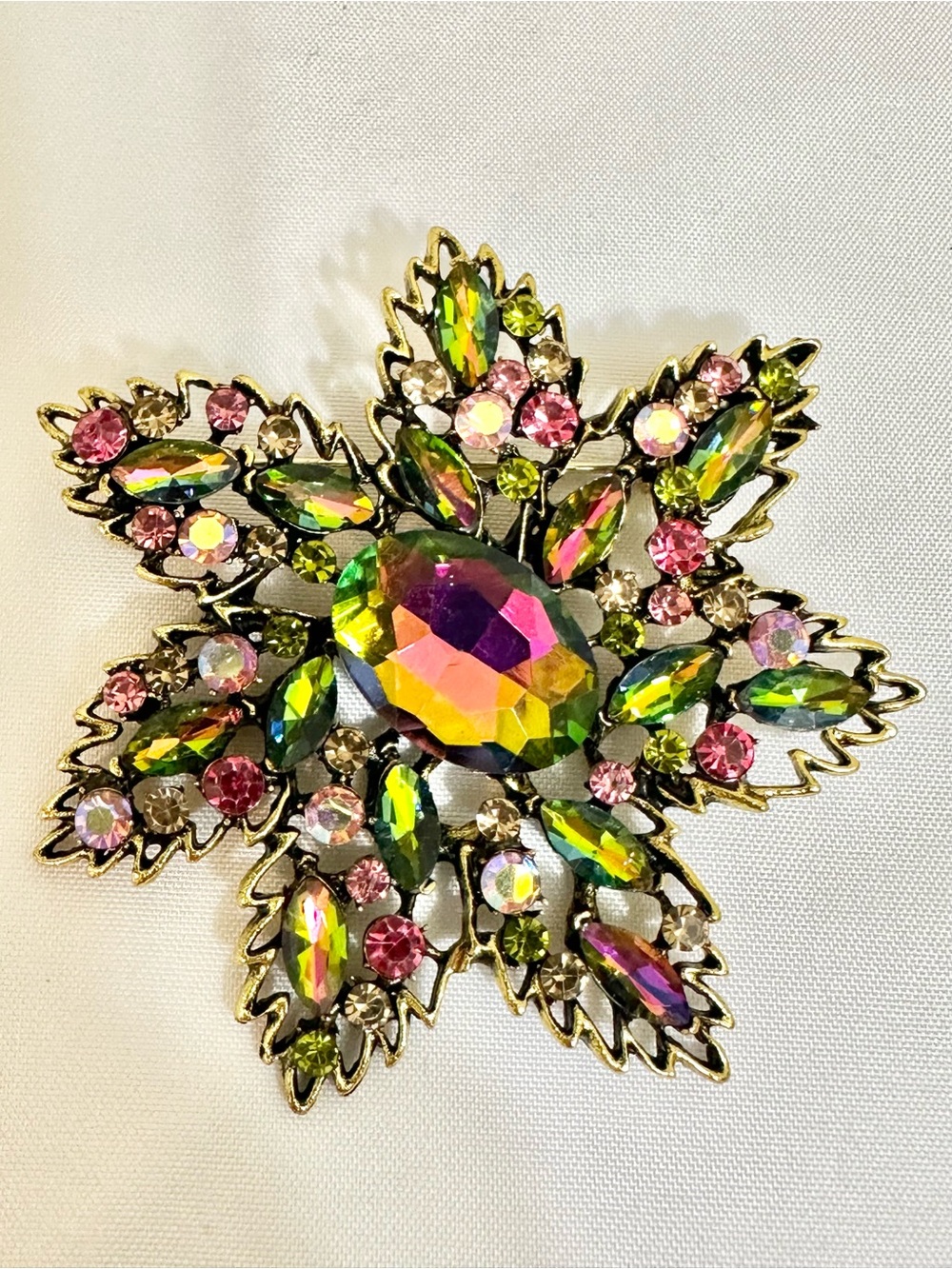 Fashion Jewelry Multicolor Aurora Crystal Flower Brooch - Pink & Green Gems